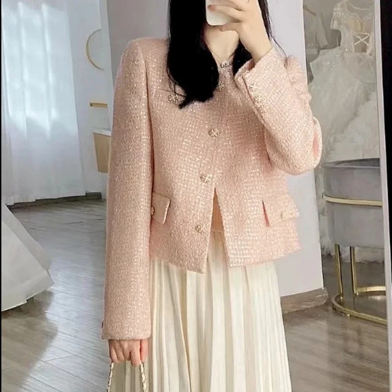 Small perfume runway autumn and winter French tweed wool sweet pink jacket womens high-end womens suit240807