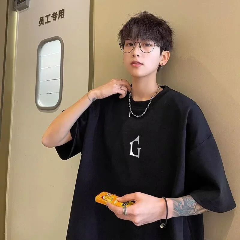 Gothic Letter G Printed Mens Street Clothing Fashion Cotton Tshirt Y2K Retro Hip Hop Oversized Top 240822