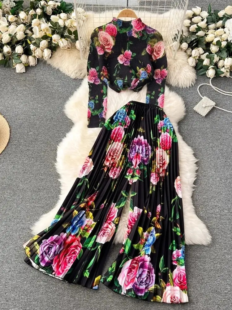 2024 Fashion Miyake Pleated Two Piece Set Gradient Flower Printing High Neck Stretch Top And Wide Leg Pants Trouser Suits 240808