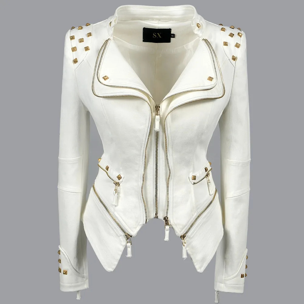 Sx motorcycle jacket rivet zipper denim jacket large size slim motorcycle dress women outdoor 240808