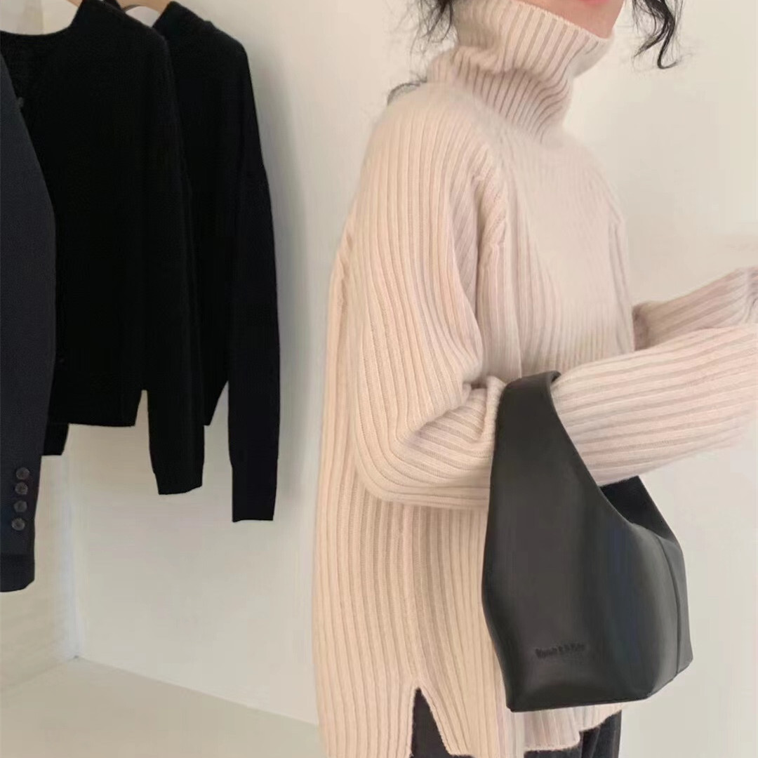 High neck solid color pit stripe Chinese style medium long 2024 autumn and winter new design slit knitted sweater c9aa1 60fb0