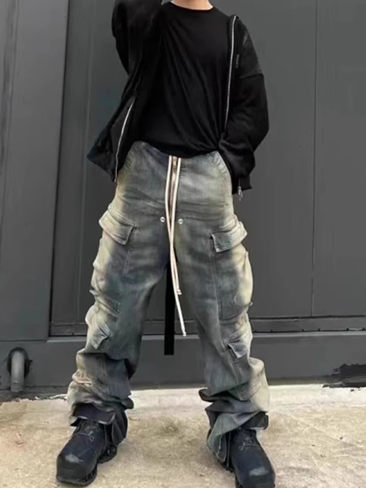 American fashion washed vintage gradient striped multi pocket drawstring jeans Harajuku street loose jeans240807