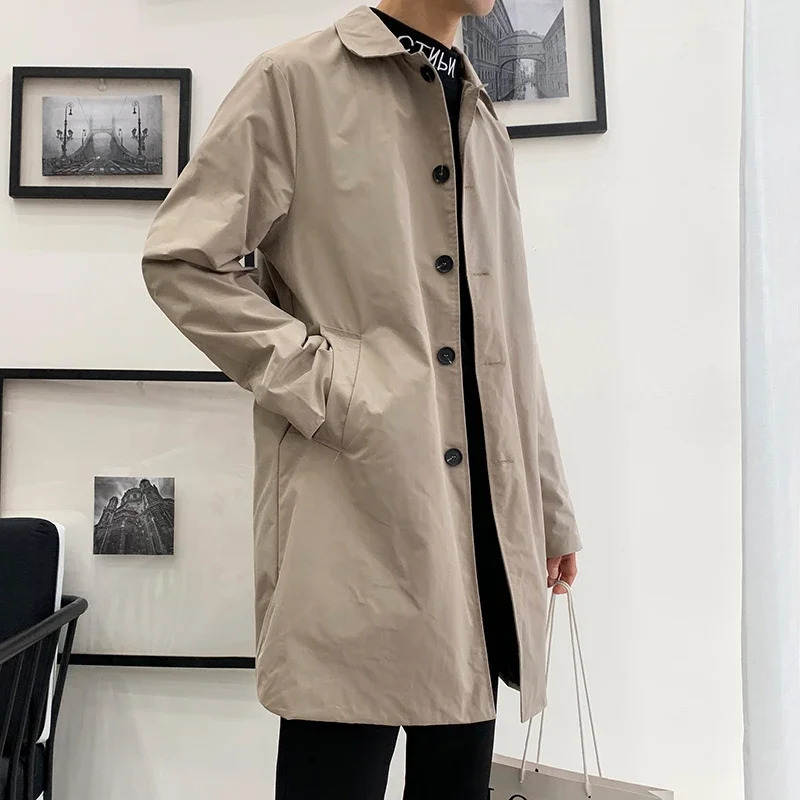 Mens Thin Windproof Trench Coat Fashion Korean Casual Laple Long Overcoat Male Outdoor Loose Solid Color Button Jackets Spring 240807