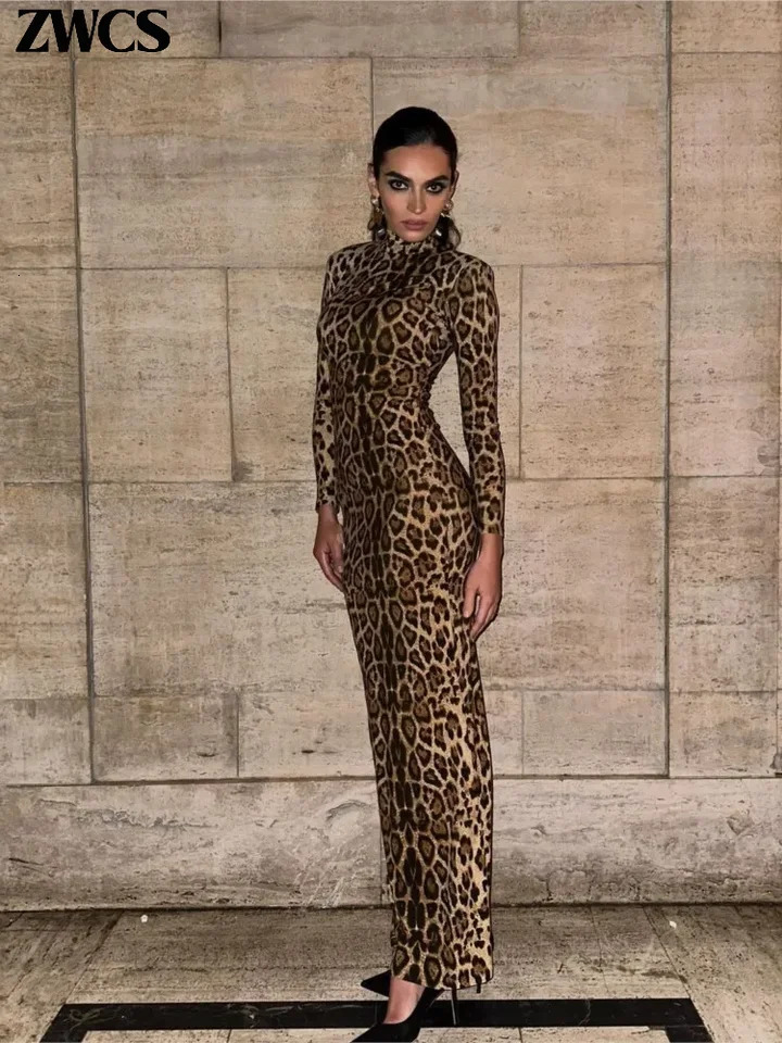 Leopard Print Sexy Bodycon Dress Women Long Sleeve Turtleneck Maxi Dresses Spring Summer Female Fashion Ladies Vestidos 240808