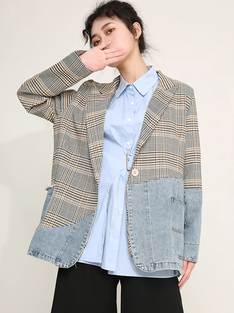 EAM Women Blue Plaid Denim Big Size Blazer Lapel Long Sleeve Loose Fit Jacket Fashion Spring Autumn 1DD641005 240808