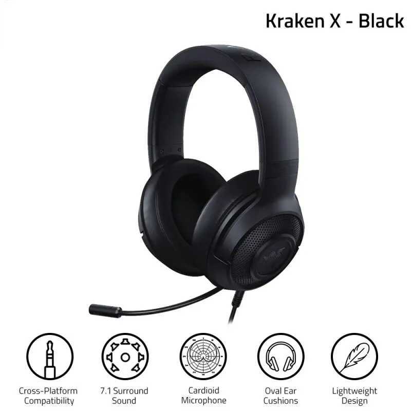 Razer Kraken X Essential Gaming Headset 7.1 Surround Sound Headphone Bendable Cardioid Microphone 40mm Driver Unit HeadphonesCL240808
