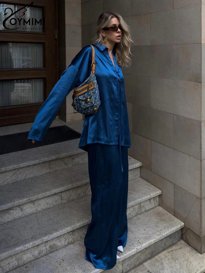 Oymimi Casual Loose Blue Satin Womens 2 Piece Outfit Set Elegant Long Sleeve Shirt With High Waist Wide Pants Set Streeetwear 240813