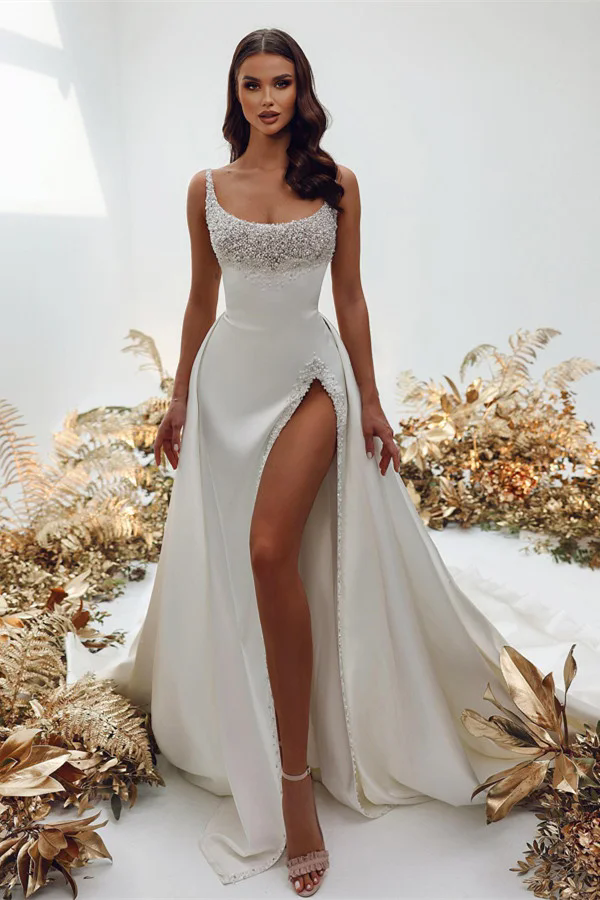 Floral Sleeveless Lace Applique Wedding Dress with Side Slit Beach Bridal Gowns Boho Bridal Gown Vestido De Novia 01