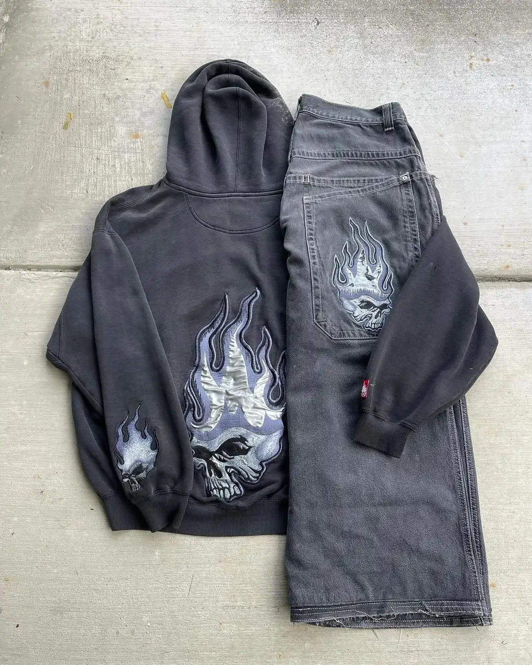 Y2K Mens Retro HipHop Skull Print Oversized Loose Jeans Hooded Sweater TwoPiece Trousers Sweatshirt Sportswear 240809