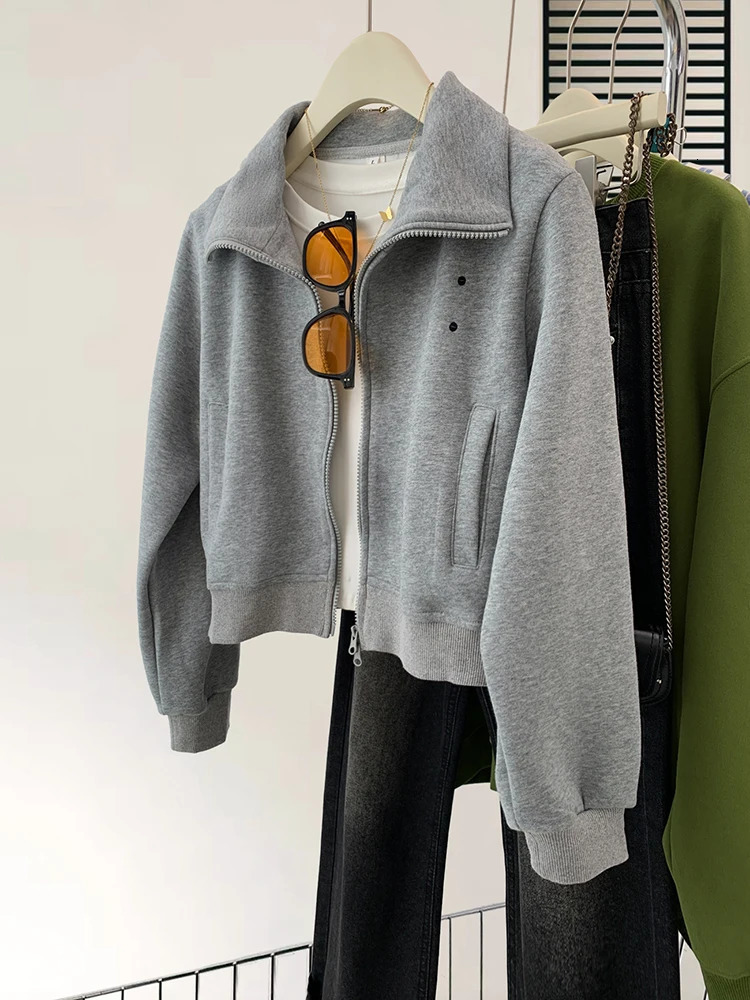 Women Sweatshirt Autumn Sweater Coat Loose Casual Female Tops Short Lapel Zipper Cardigan Jacket 240812