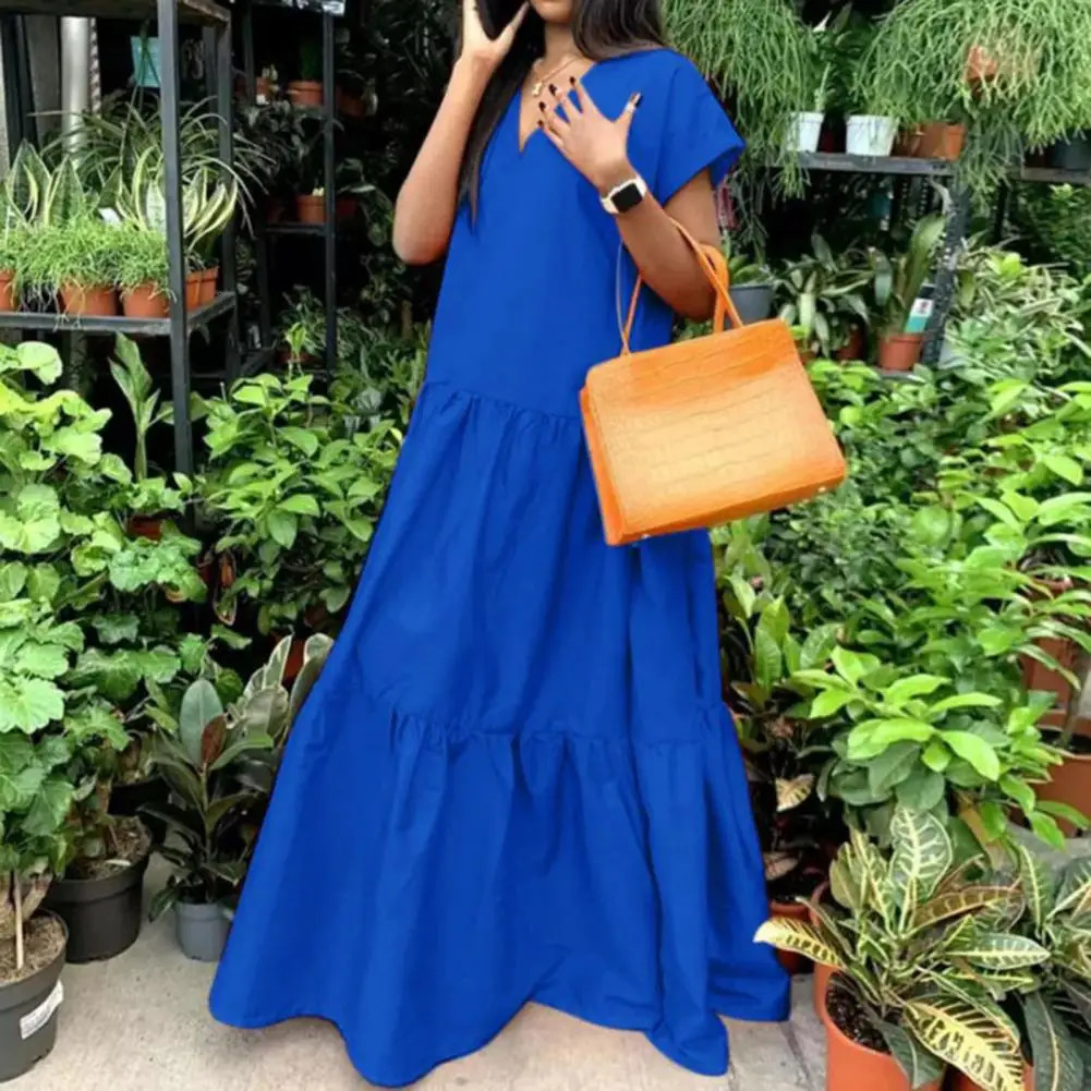 Loose Hem Women Maxi Dress V-neck Short Sleeves Summer Beach Dress Plus Size Full Length Lady Female Clothes Casual Party Dress 240808
