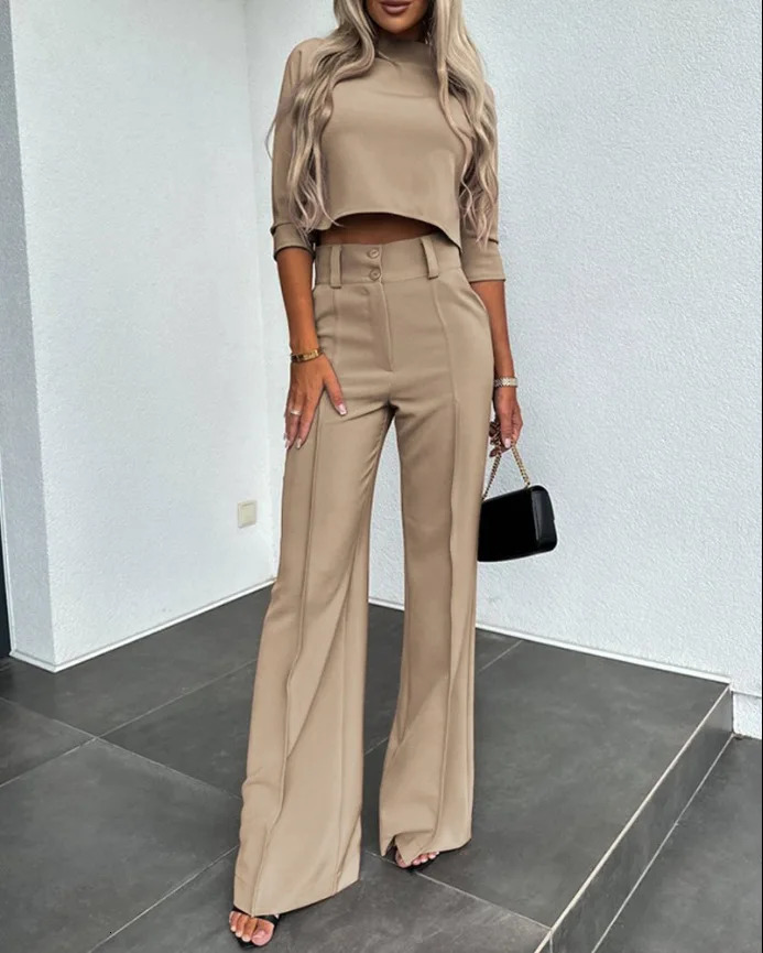 Spring Crop Top With Flare Pants Two Piece Set Women Fashion Solid Turtleneck T Shirt Suit Office Casual White Pant Set Lady 240808