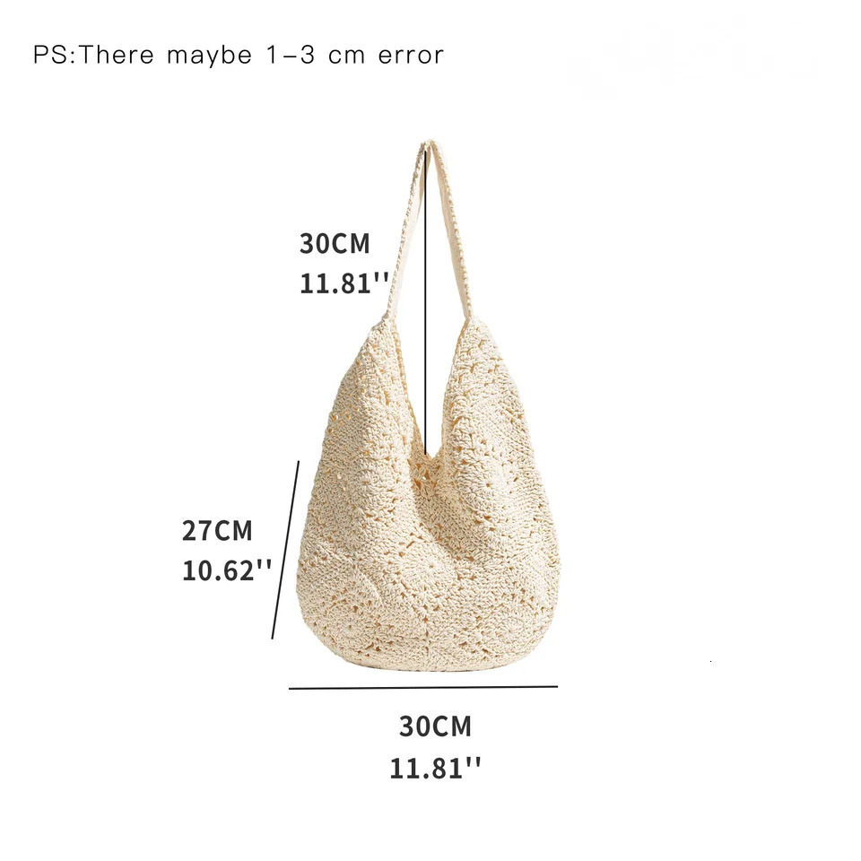 Handwoven Crochet Beach Bag for Woman Lightweight Knitted White Tote Handbag Summer Shopping Travel Shoulder Purse 2024 240808