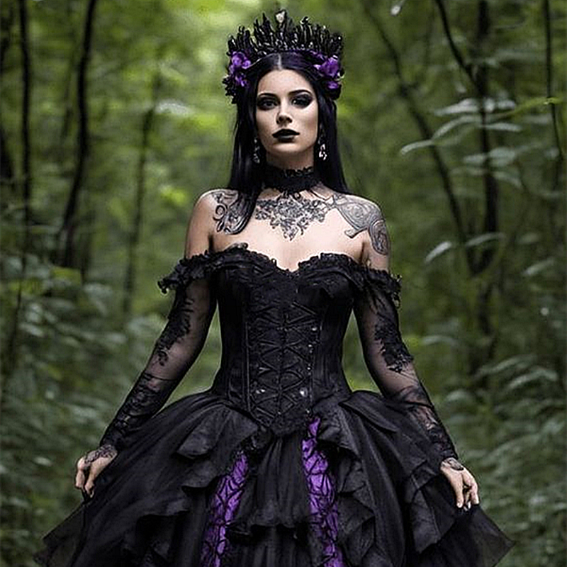 Vintage Purple And Black Gothic Prom Dresses Lace Appliques Ruffles Corset Steampunk Medieval Evening Gowns Vampire Masquerade Dress For Women