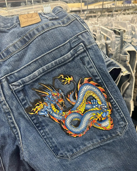 JNCO shorts with dragon pattern embroidered hiphop denim bag Y2k retro gothic washed blue mens wide leg cargo gym 240808