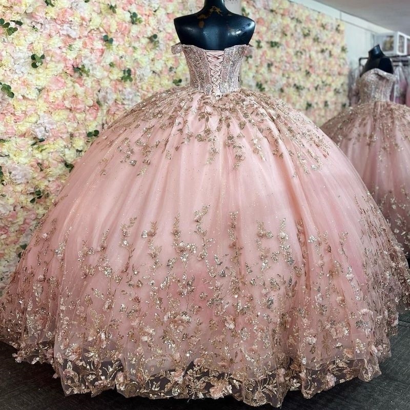 Pink Quinceanera Dresses Gold Applique Beading Sequin With Detachable Tail Graduation Party Princess Sweet 15 Dress