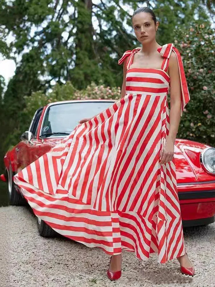 Elegant Stripe Women Lace Up Strap Maxi Dress Fashion Square Neck Backless A-line Dresses 2024 Summer Female Casual Street Robes 240812