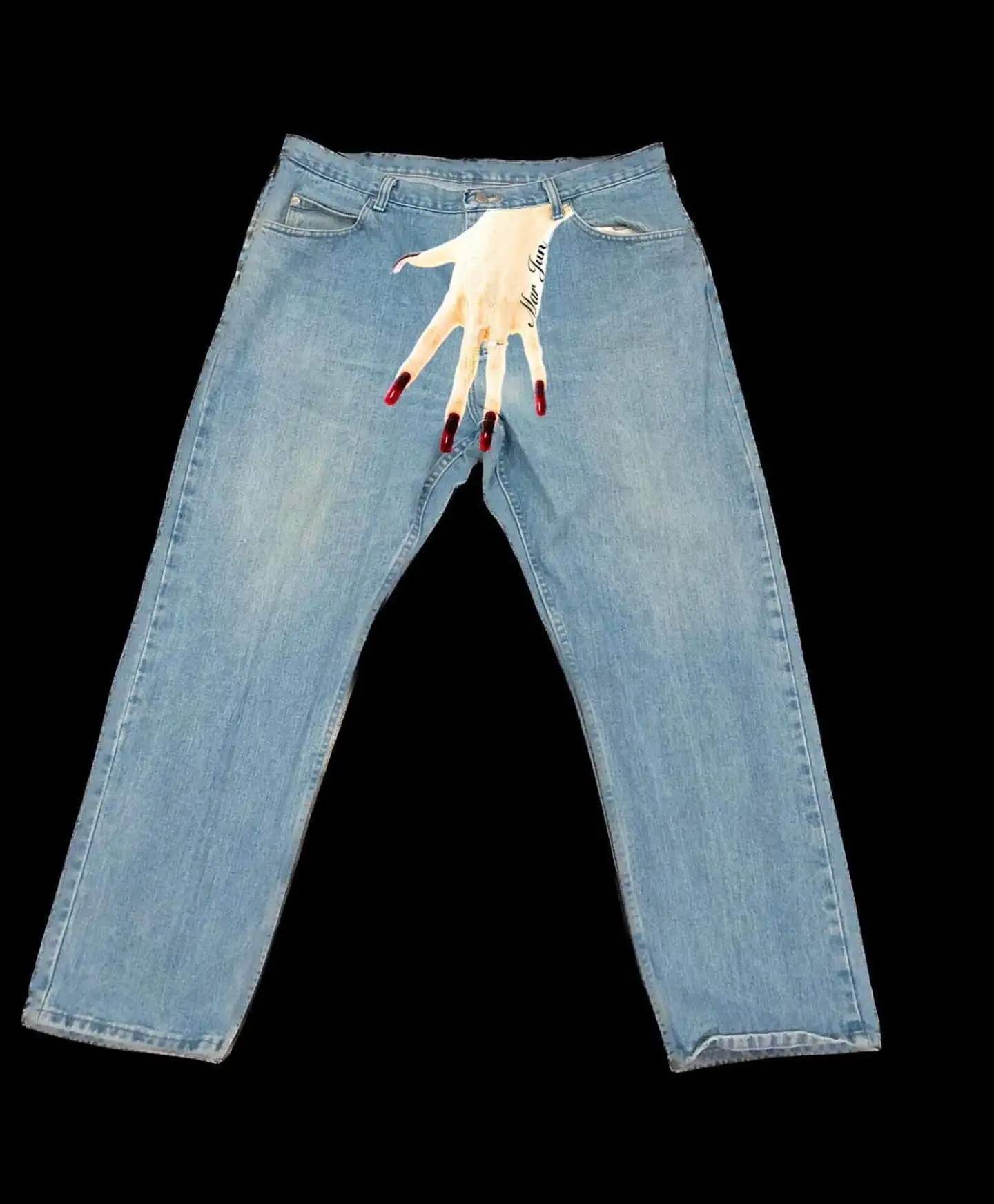 Tru Blu Denim Hip Hop Palm Print Jeans Gothic Wash High Waisted Y2k Vintage Streetwear Baggy Straight Wide Leg Trousers 240809