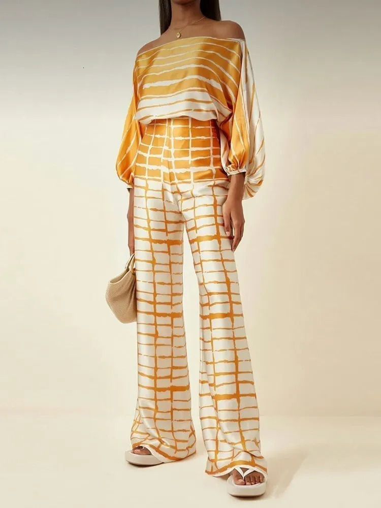 VGH Casual Hit Color Two Piece Set For Women Skew Collar Lantern Long Sleeve Tops High Waiat Wide Leg Pants Fashion Sets Female 240813