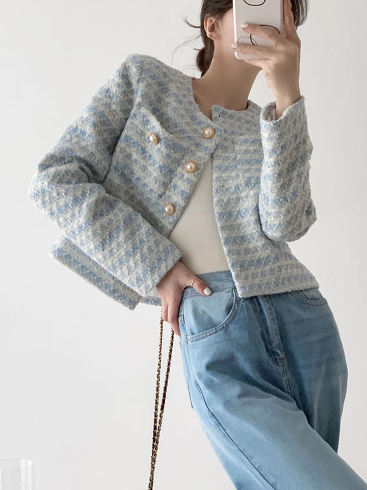 Zoki elegant British womens coarse woolen jacket fashionable ultra-thin long sleeved casual jacket sexy cut sweet womens fully matched jacket 240807