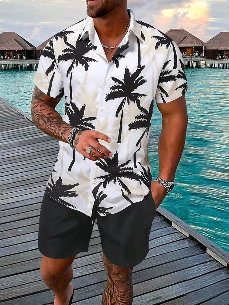 Mens Hawaiian Short sleeved and Beach Shorts Set Beach Resort el Mens Casual Summer Shirt Daily Mens Sports Shorts240807