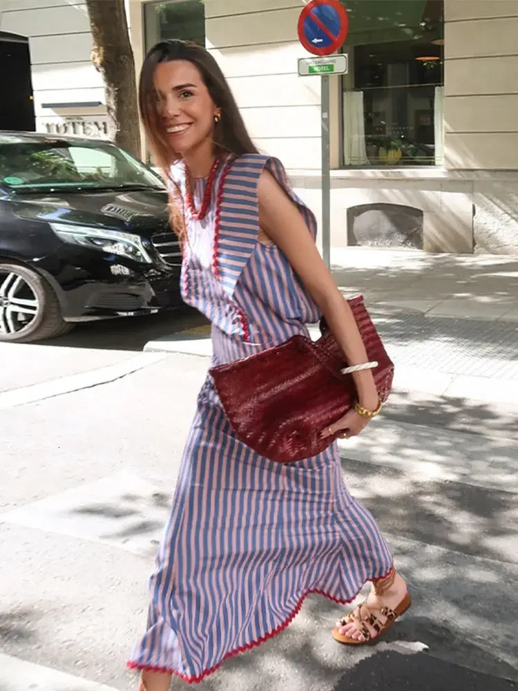 Elegant Striped Printed O Neck Flying Sleeve Tops Set Causal High Waist Slim Long Dresses Suits Summer Female High Street Outfit 240808