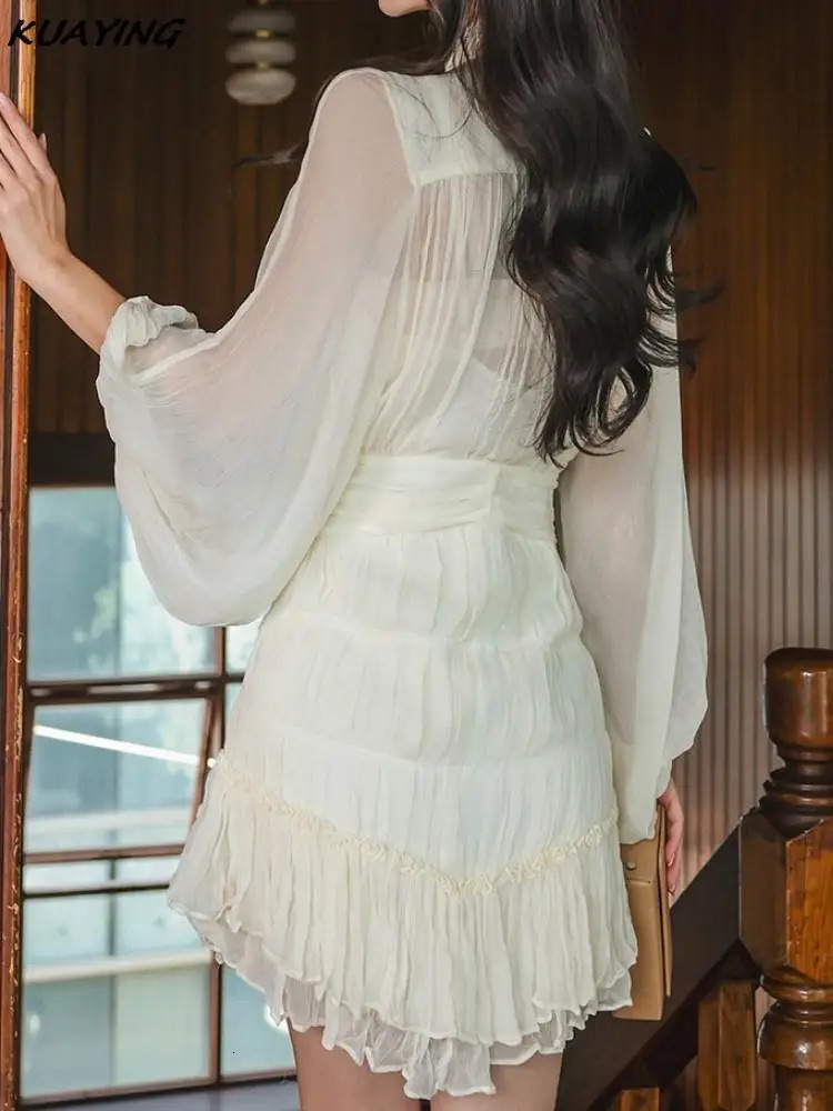 Solid Chiffon Lantern Sleeve Casual Party Mini Dress C260312