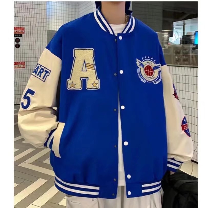 Men's Blue Polyester Varsity Jacket - Casual Long Sleeve Baseball Bomber Coat For Spring & Autumn