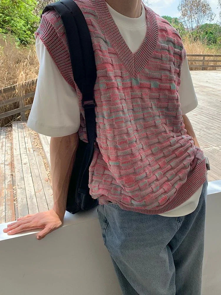 Mens Knitted Sweater Sleeveless Waist Wear Vneck Fashion Tank Top Y2k Retro Pink South Korea Autumn 2024 240807