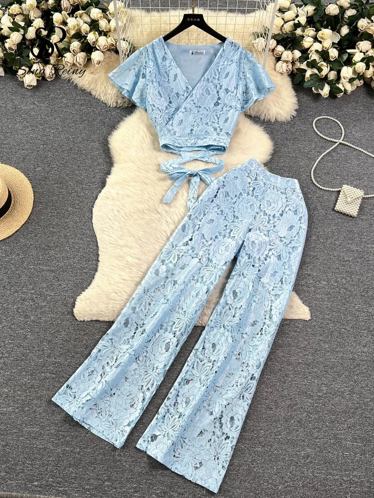 SINGREINY High Street Women Lace Slim Two Pieces Suits Summer Lace Up Short TopWide Legs Long Pants Set Retro Lace Floral Sets 240813