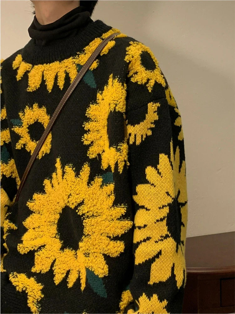Flocking Floral Sweaters Men Baggy Spring Autumn Japanese Style Retro High Street Harajuku Knitwear Slouchy Ins 240816