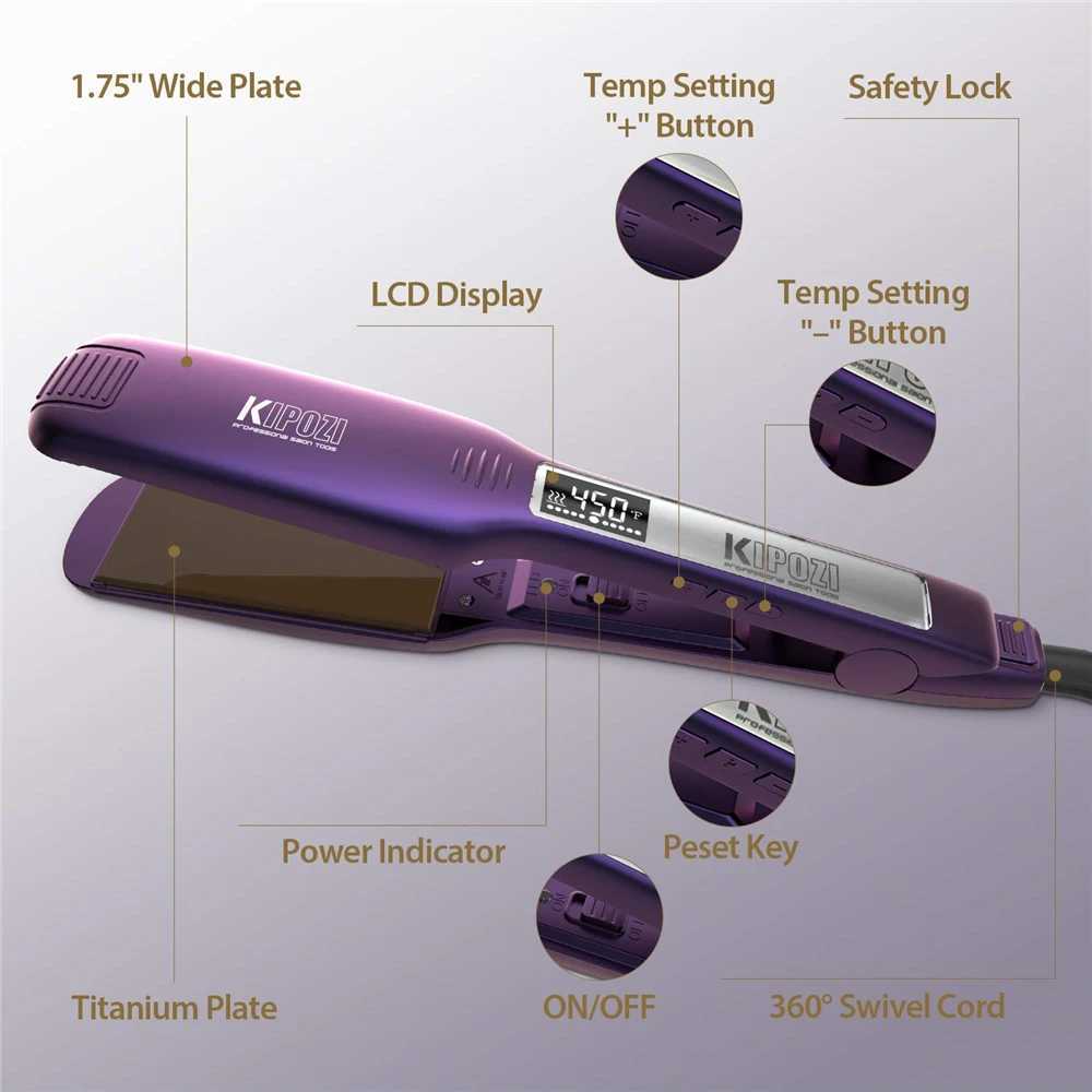 KIPOZI Professional Titanium Flat Iron Hair Straightener with Digital LCD Display Dual Voltage Instant Heating Curling IronM240808