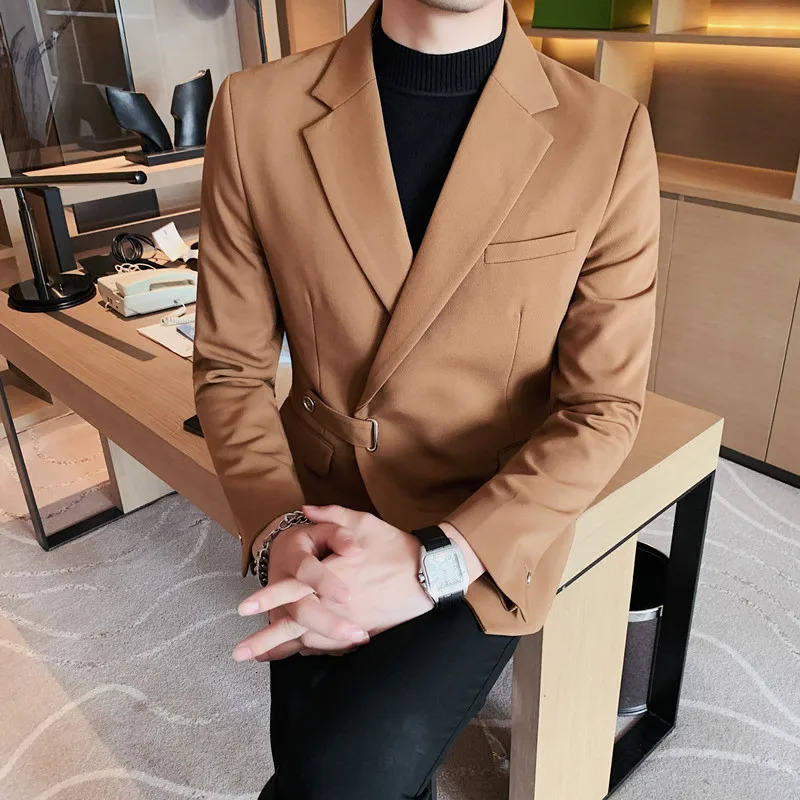Men Dress Autumn Blazers Cotton Linen Oblique Buckle Tuxedo Man Jacket One Button Pockets Blazer Coat Homens Suit Male Clothing 240807