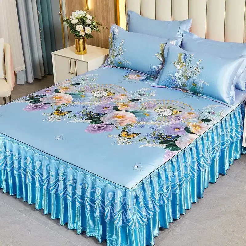 3Pcs/Lot Double Bed Sheet Set Classic Lace Royal Blue Bed Sheet Bed Skirt Machine Washable Wedding Bedspread Mattress Cover 240807