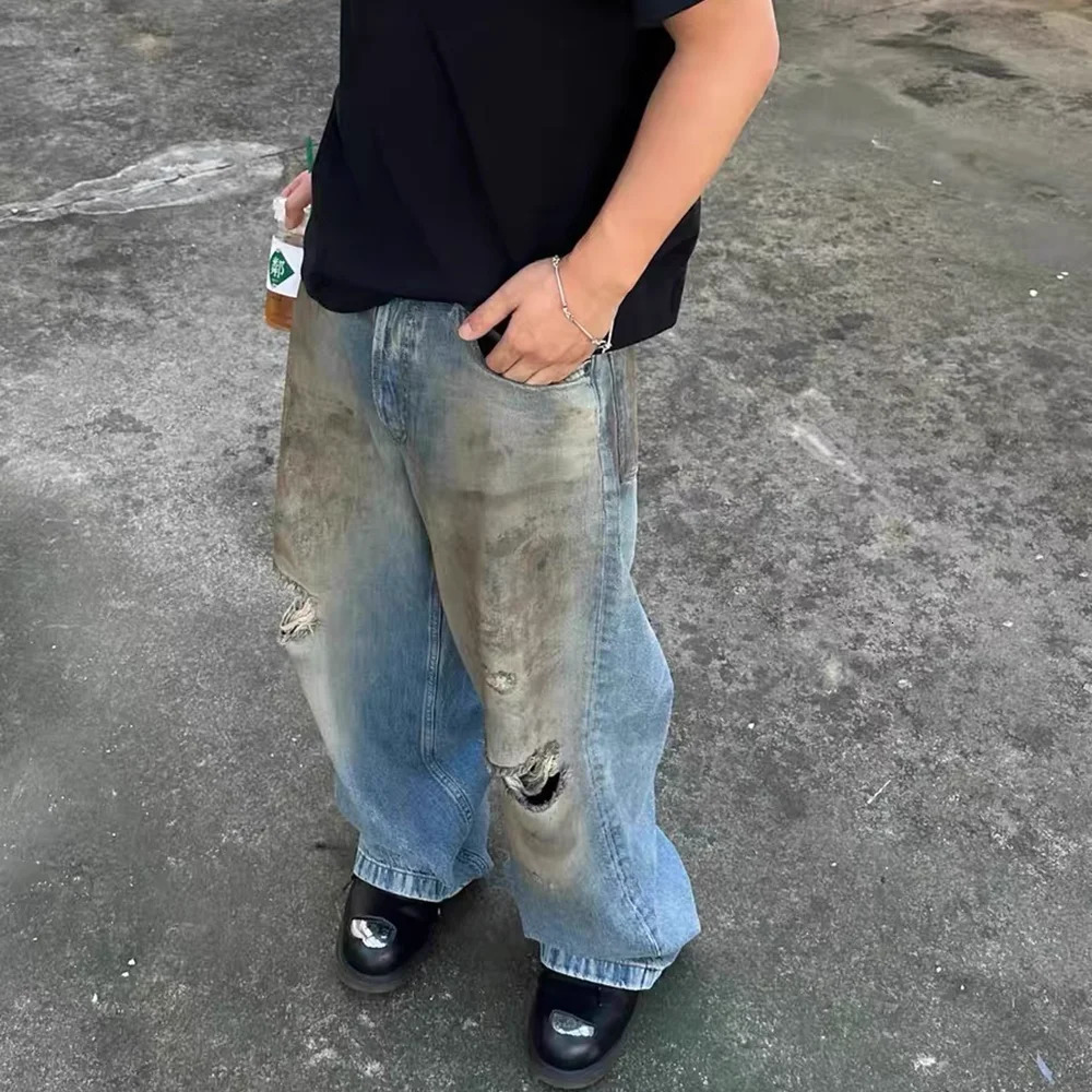 Y2k Yellow Mud Dyed Hole Baggy Jeans Pants Unisex Streetwear Pantalones Hombre Casual Frayed Ripped Denim Trousers Oversized y240819