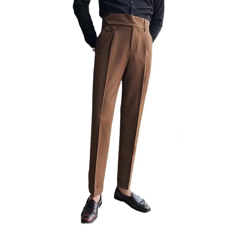 Oldyanup Men Naples Suit Pants Slim Fit Pencil Pant Spring Autumn High Waisted Button Fashion Business Casual Trousers Male 240807
