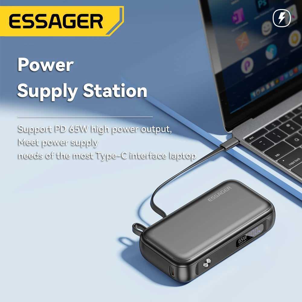 Essager Power Bank Portable 15000mAh in With USB C Cable External Spare Battery Pack for iPhone iPad Macbook 65W Fast ChargerCL240808