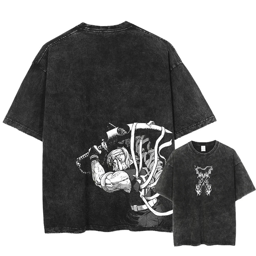 Printed waxed Tshirt anime demon killer cotton mens retro graphic street clothing summer casual 240824