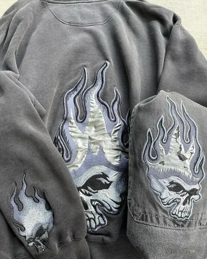 Y2K Mens Retro HipHop Skull Print Oversized Loose Jeans Hooded Sweater TwoPiece Trousers Sweatshirt Sportswear 240809