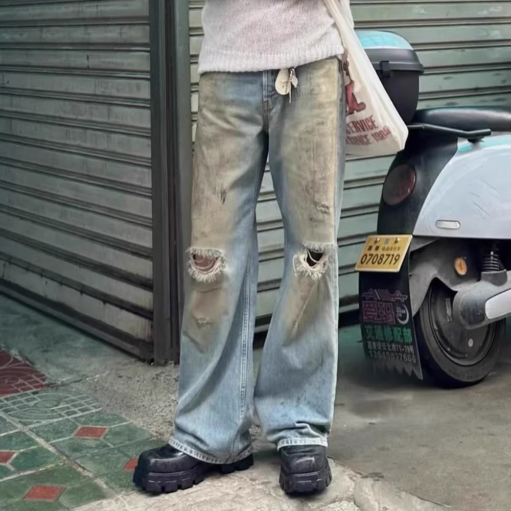 Y2k Yellow Mud Dyed Hole Baggy Jeans Pants Unisex Streetwear Pantalones Hombre Casual Frayed Ripped Denim Trousers Oversized y240819