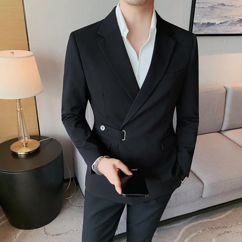 Men Dress Autumn Blazers Cotton Linen Oblique Buckle Tuxedo Man Jacket One Button Pockets Blazer Coat Homens Suit Male Clothing 240807