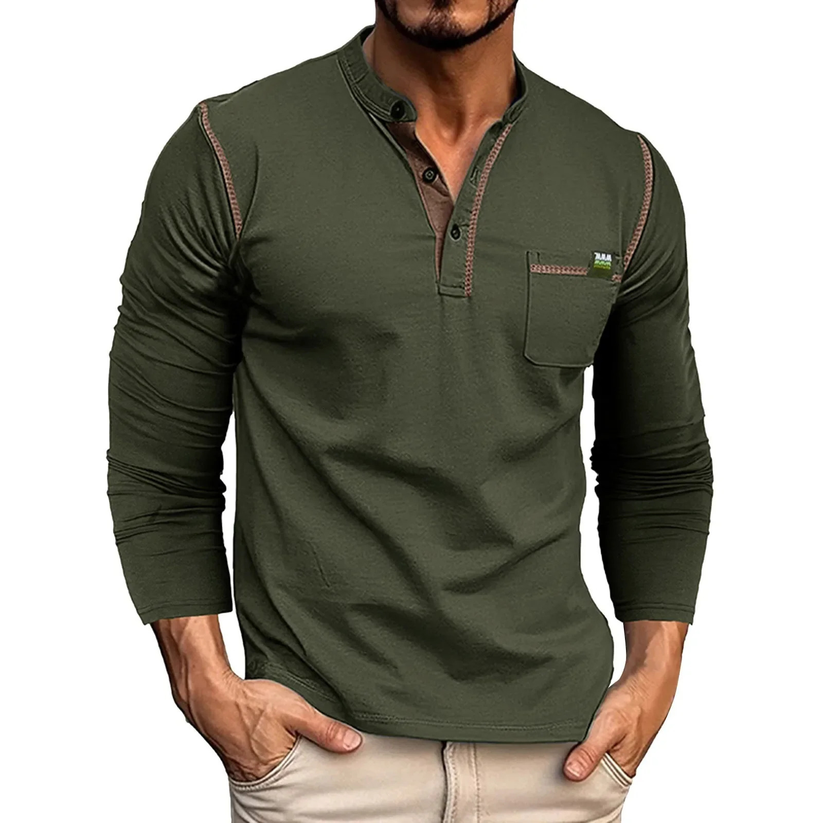 Mens SpringSummer Long Sleeve Solid Pocket Polo Shirt with Alphabet Stripe Splicing Raglan Top Triple Zipper Tshirt 240816