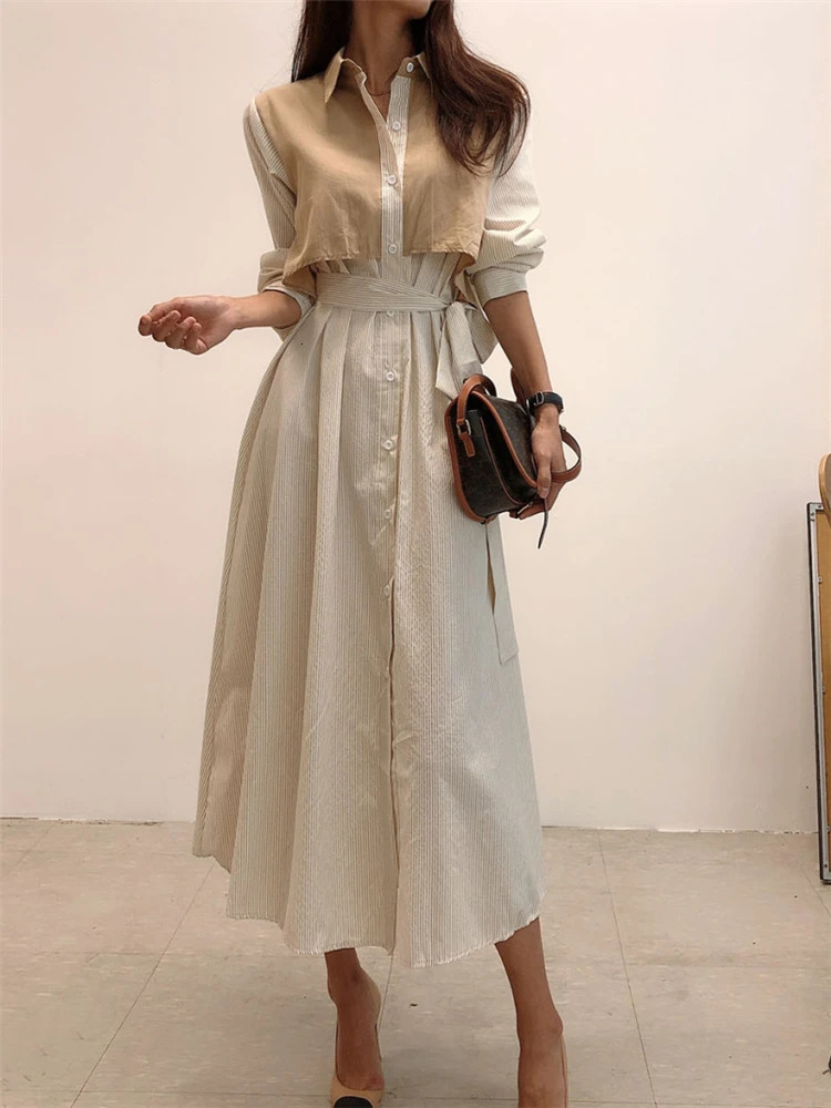 REALEFT Autumn French Striped Womens Shirts Dresses Lace Up Straight Korean Casual Loose A-Line Long Dress Female 240808