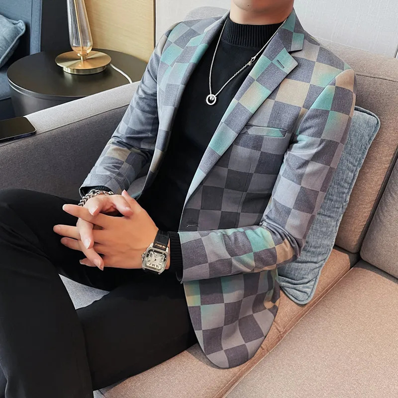 Autumn Mens Pioneer Classic British Checkered Single Chest Set Work Party Gentleman Business Leisure Tailcoat 240812
