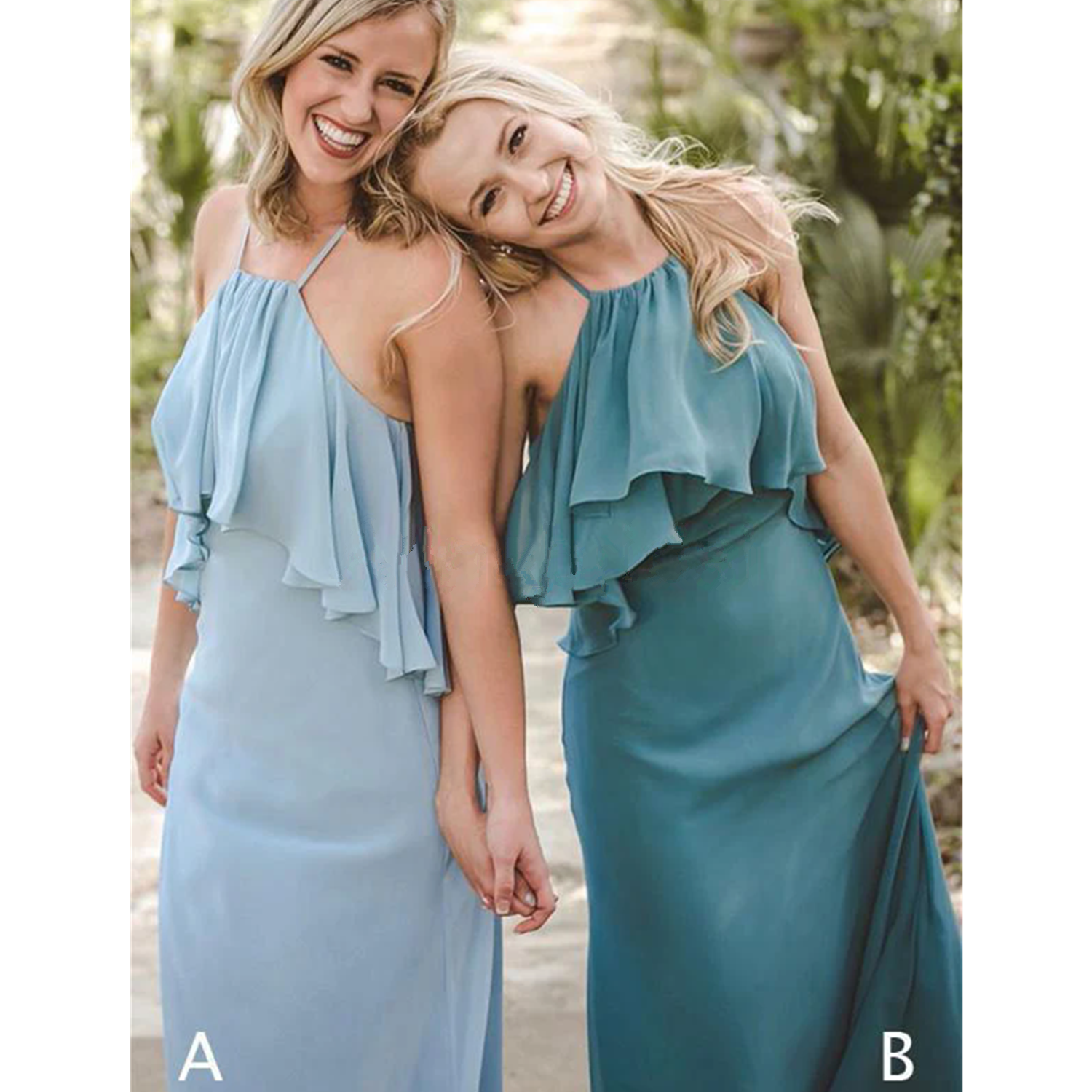 Chiffon Country Bridesmaid Dresses Ruffles Pleats Halter Wedding Guest Evening Gowns Sky Blue Sleeveless Prom Dress