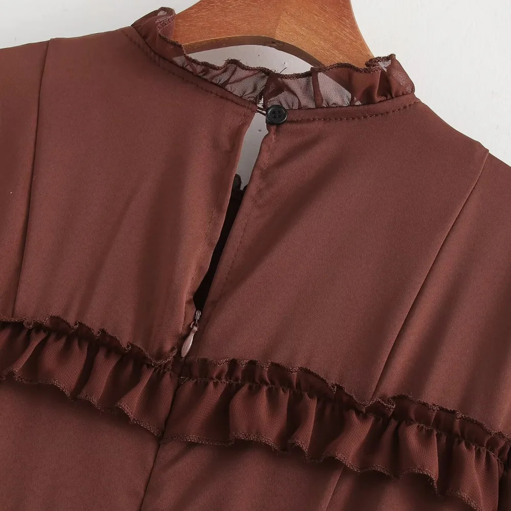 Womens Solid Colour Round Neck Multi Layered Dress Chiffon Ruffle Long High Waist Full Sleeve Street Dresses 240808