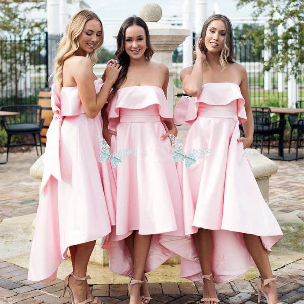 Strapless Pink Bridesmaid Dresses Simple Satin Sleeveless Maid Of Honor Dress High Low Wedding Party Gowns Plus Size