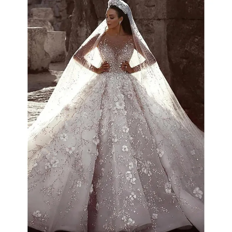 Plus Size Arabic Aso Ebi Luxurious Beaded Crystals Wedding Dresses High Neck Bridal Dresses Sheer Neck Wedding Gowns