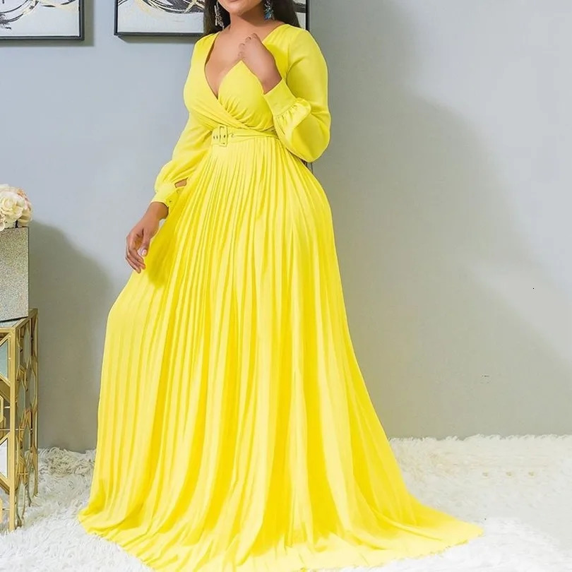 Sexy Yellow Plus Size Women Loose Long Dresses Pleated Plain Dinner Evening Party Vintage Female Autumn Maxi Dress 4XL 5XL 240808