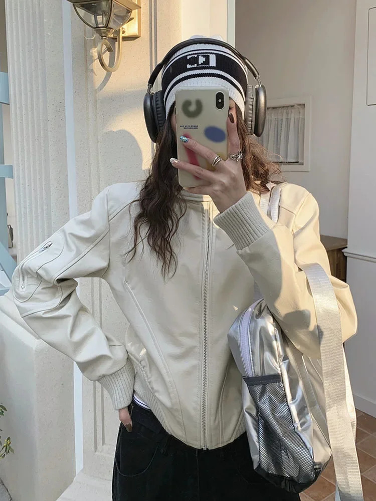 Stand up collar zipper womens Pu jacket loose casual motorcycle Jaquetas retro cut white leather autumn 2023 Coats 240807